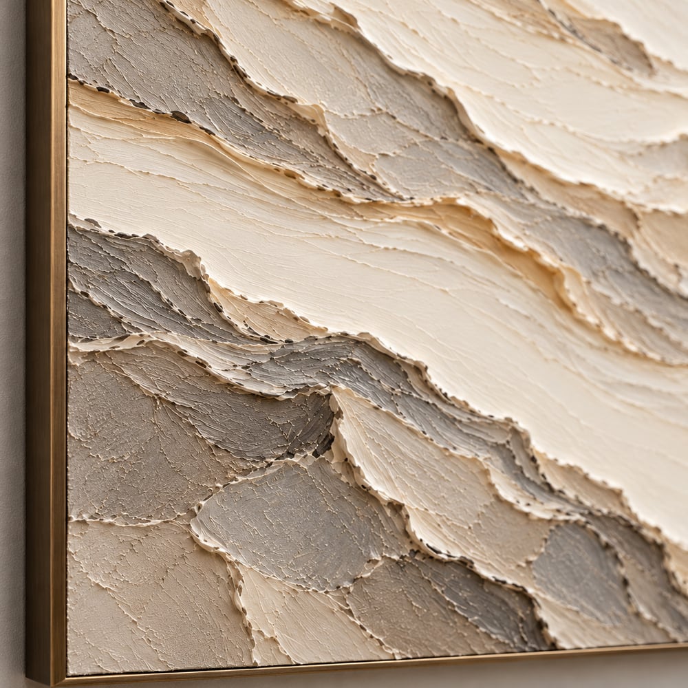 Cream and Taupe Hand-Painted 3D Textured Oil Painting, Terraced Abstract Landscape #HZKDB1K9