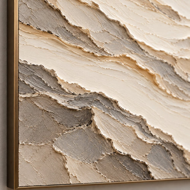 Cream and Taupe Hand-Painted 3D Textured Oil Painting, Terraced Abstract Landscape #HZKDB1K9