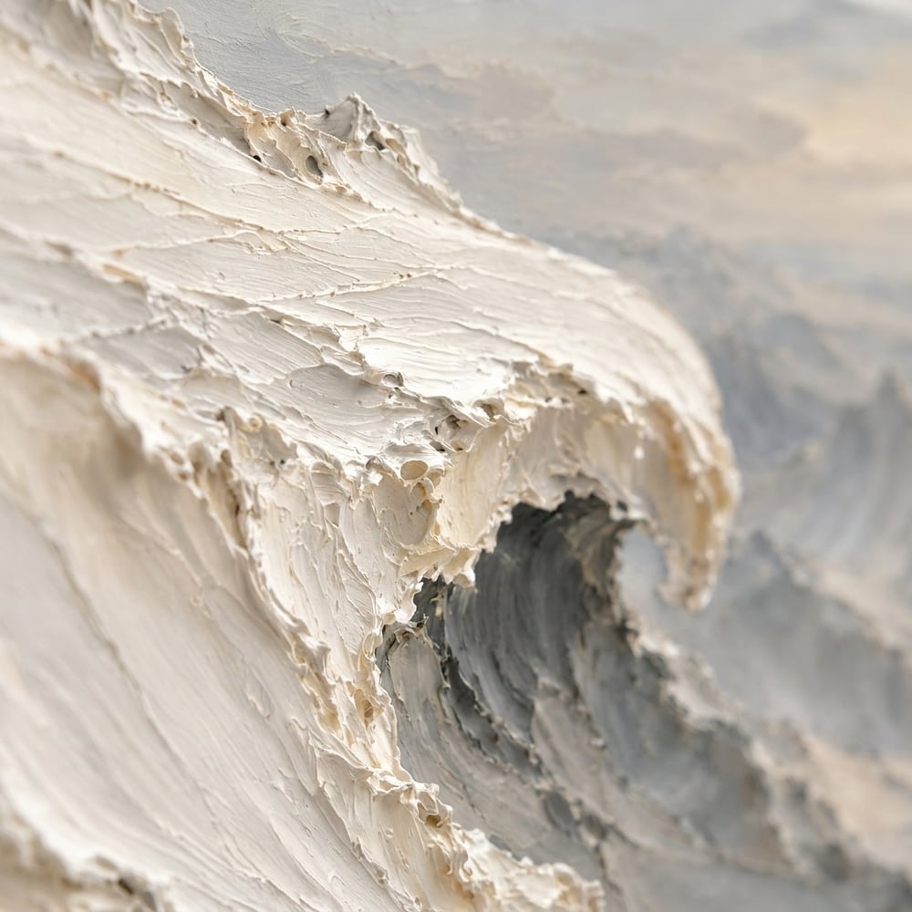 Ivory and Gray Hand-Painted 3D Textured Oil Painting, Curling Ocean Wave #1B9DGWWU