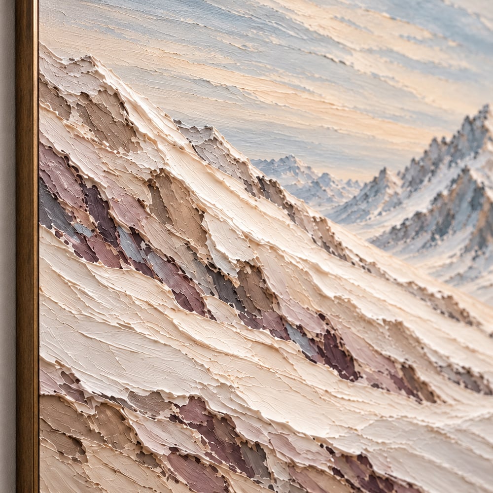 Ivory and Blue-Gray Hand-Painted 3D Textured Oil Painting, Snowy Mountain Peaks #WX7ZWCKG