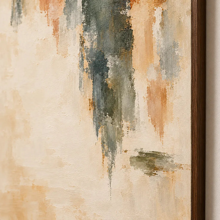 Cream Hand-Painted Oil Painting, Off-Center Vertical Bands in Gray-Green, Peach and Ochre #Y99VV63O