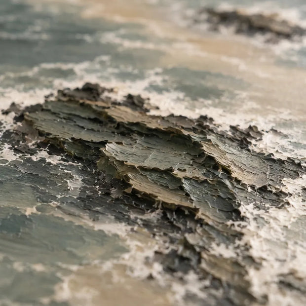 Gray Green Hand-Painted Oil Painting, Overhead View of Rocks and Surf #W3LVFOJR
