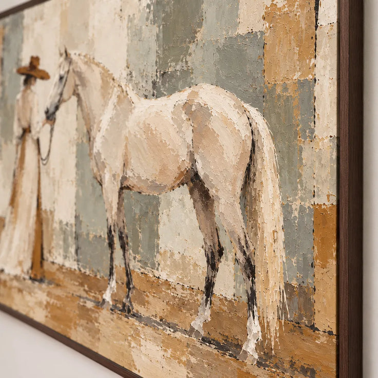 Beige Hand-Painted Oil Painting, White Horse with a Hat-Wearing Figure in a Long Dress #YP23T758