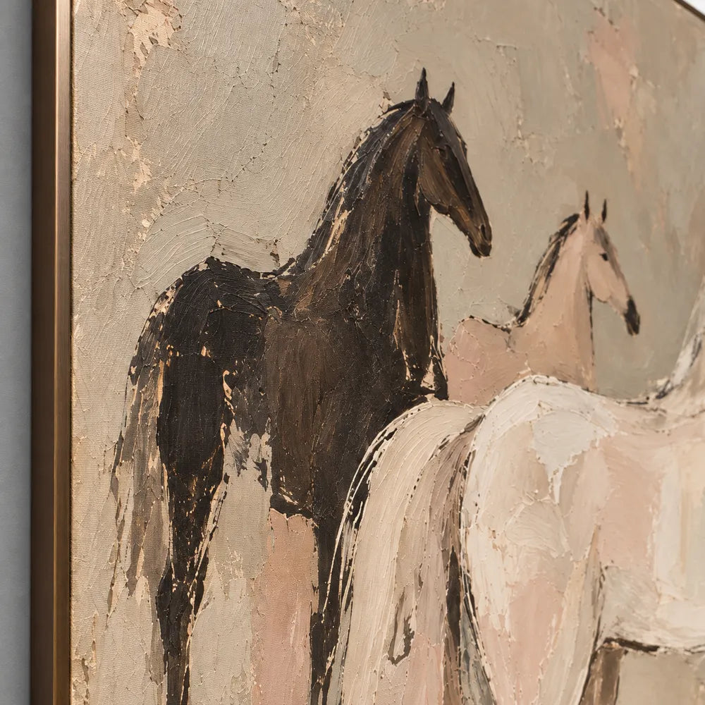 Beige & Cream Hand-Painted Oil Painting, Three Horses in a Modern Equestrian Composition #HIPLCPC8
