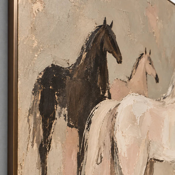 Beige & Cream Hand-Painted Oil Painting, Three Horses in a Modern Equestrian Composition #HIPLCPC8
