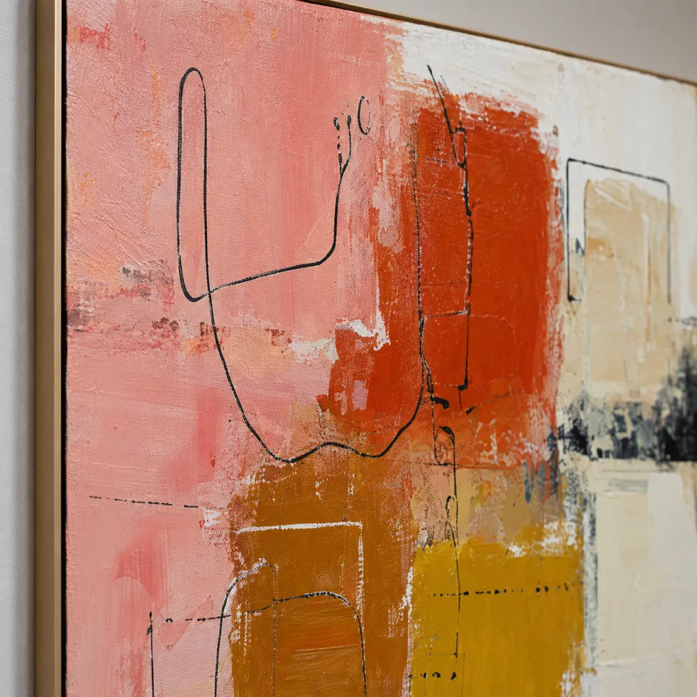 Pink and Ochre Hand-Painted Oil Painting, Graphic Color Block Abstract #7V43Y2LW