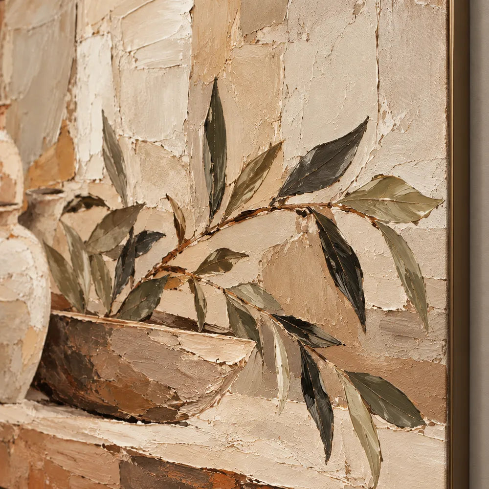 Earth-Tone Hand-Painted Oil Painting, Vases and Leafy Branches #165D1DHX