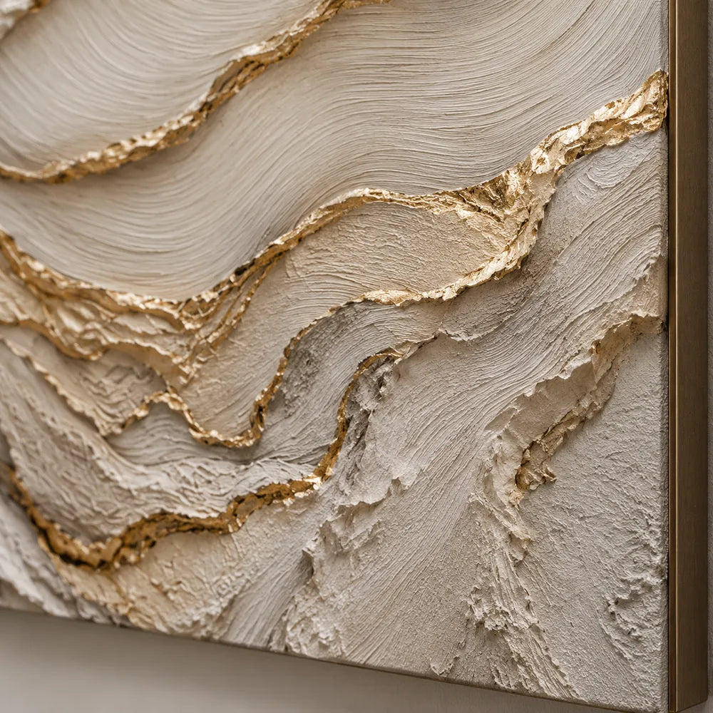 Ivory and Taupe Hand-Painted 3D Textured Oil Painting, Wavy Layer Abstract #QF2DVOSX