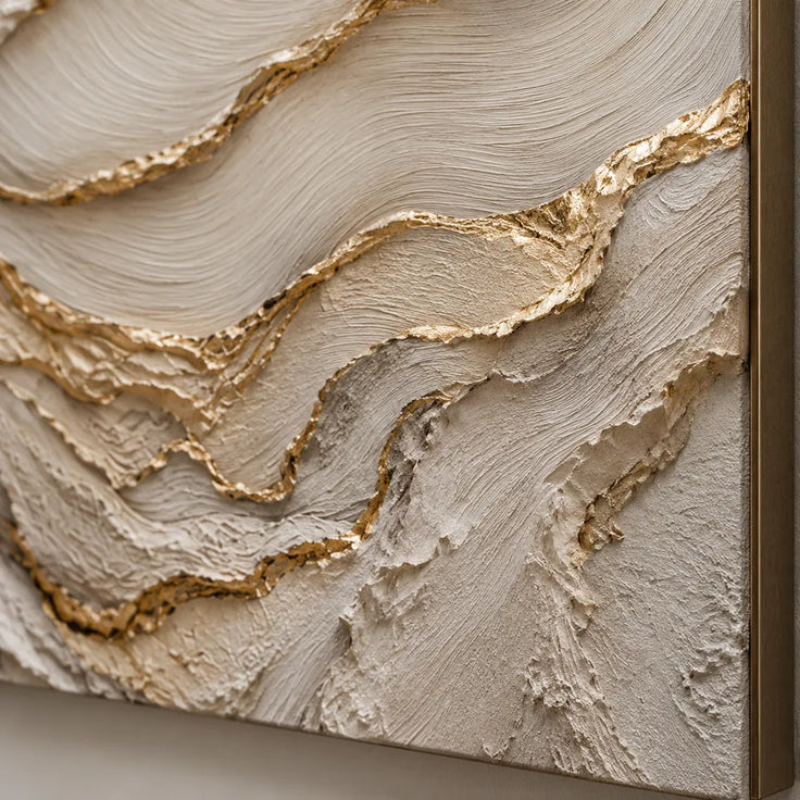 Ivory and Taupe Hand-Painted 3D Textured Oil Painting, Wavy Layer Abstract #QF2DVOSX