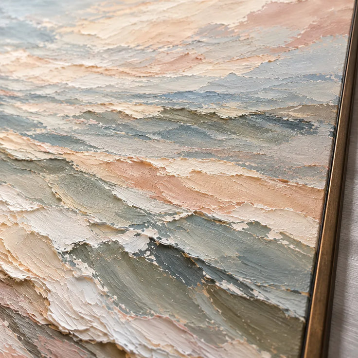 Cream and Blue Gray Hand-Painted Oil Painting, Rolling Coastal Waves #B4FLTKB2