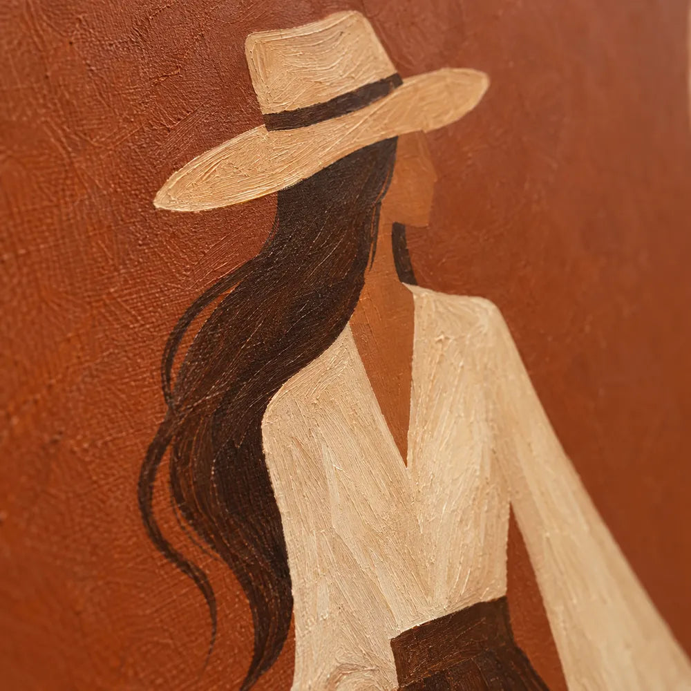 Rust Hand-Painted Oil Painting, Woman and White Horse in a Desert Landscape #O1EDDVZ6