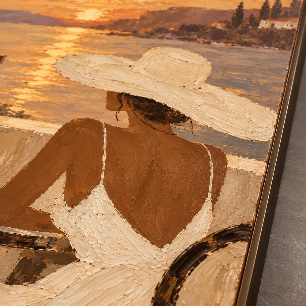 Earth-Tone Hand-Painted Oil Painting, Two Women Sharing Wine by a Sunset Bay #ZMIDYNFF