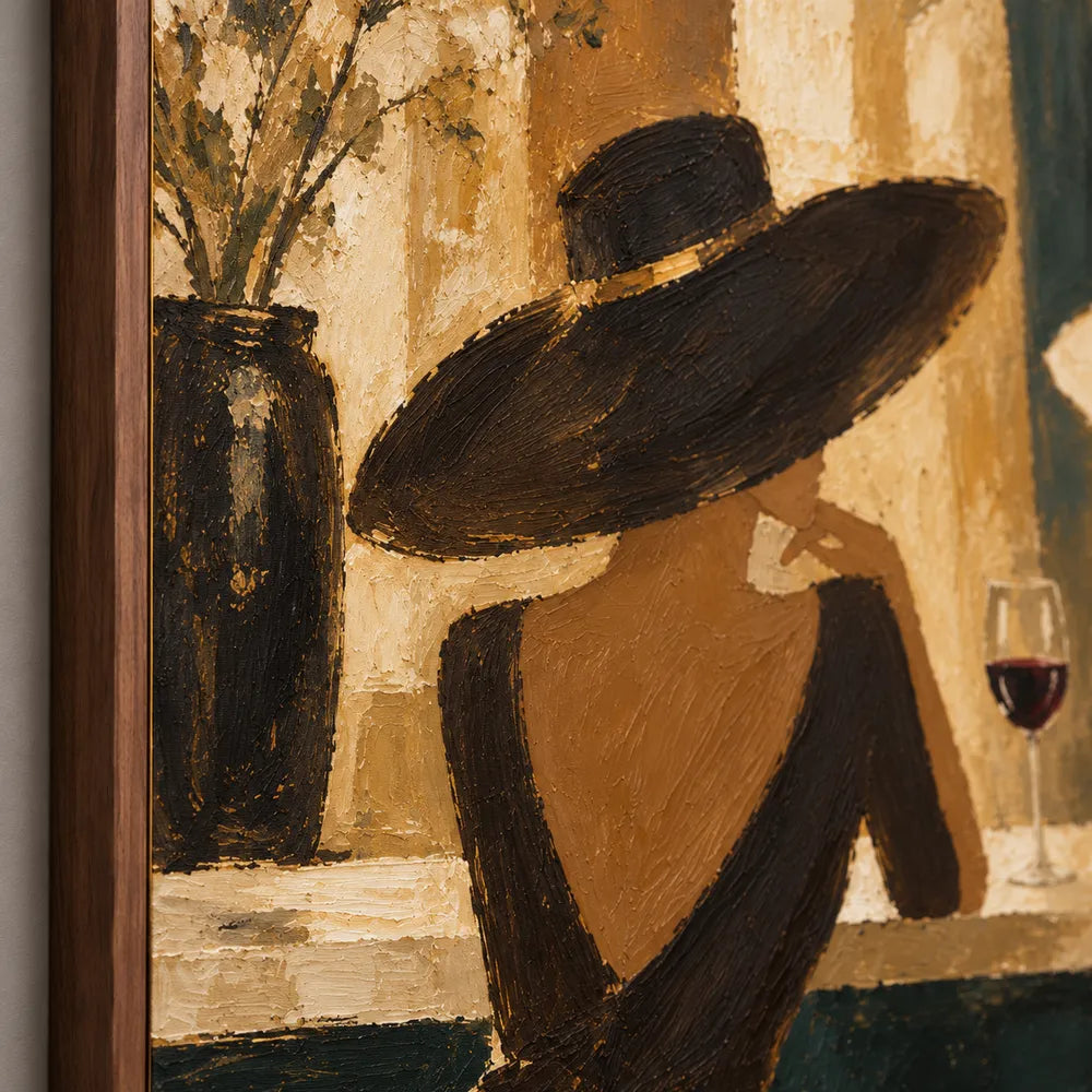 Earth-Tone Hand-Painted Oil Painting, Two Women in Wide-Brim Hats at a Bar #V8ML4SGZ