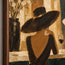 Earth-Tone Hand-Painted Oil Painting, Two Women in Wide-Brim Hats at a Bar #V8ML4SGZ