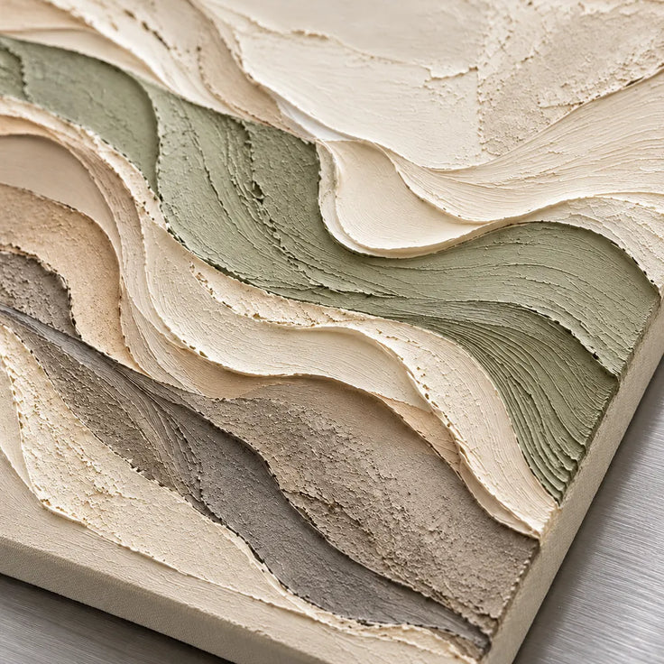 Beige Hand-Painted 3D Textured Oil Painting, Olive and Cream Wave Layers #OF6D6DT0