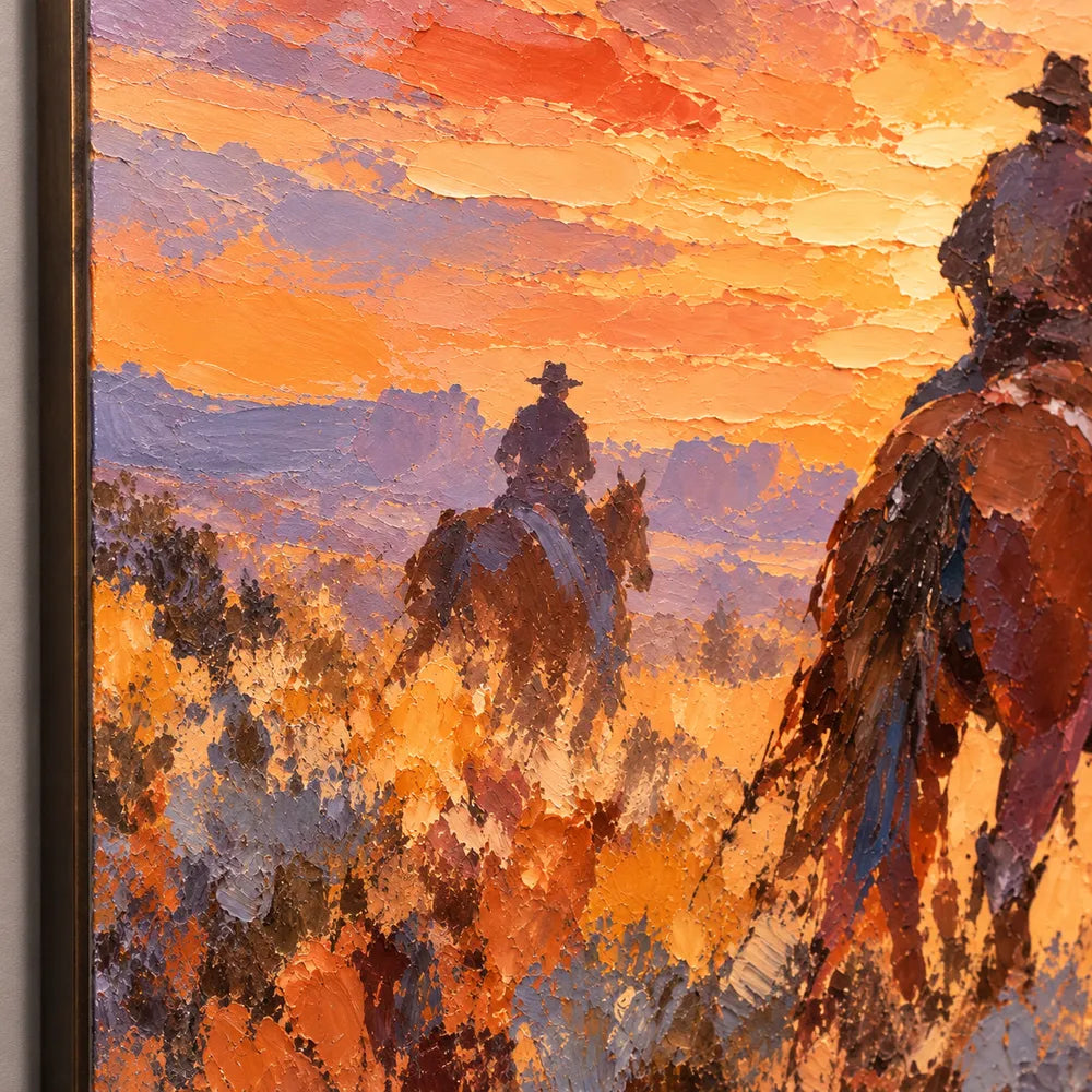 Orange Hand-Painted Oil Painting, Western Riders beneath a Sunset Sky #3T3ZPOIY