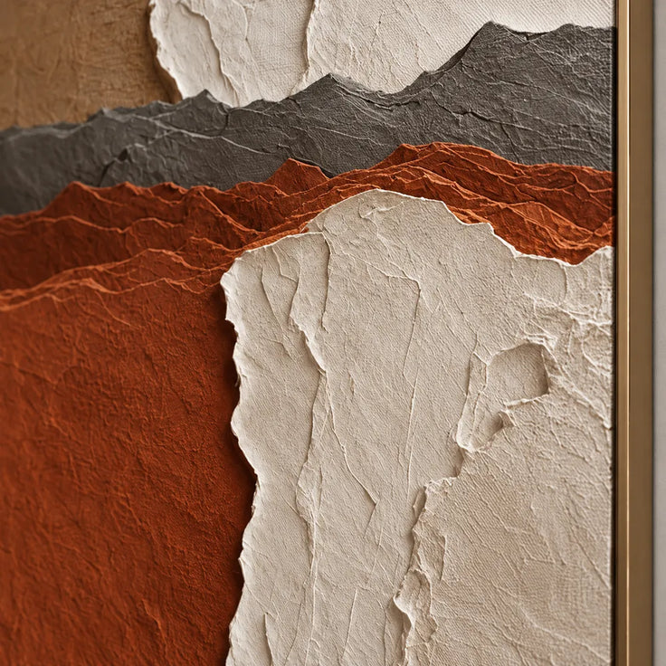 Ivory and Rust Hand-Painted 3D Textured Oil Painting, Layered Ridge Abstract #I8S5QRXD