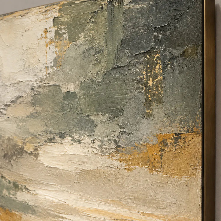 Olive Gray Hand-Painted Oil Painting, Abstract Shoreline and Pale Reflection #W805EAVM