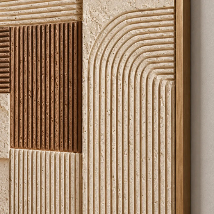 Beige and Brown Hand-Painted 3D Textured Oil Painting, Geometric Groove Abstract #VCDV5N13