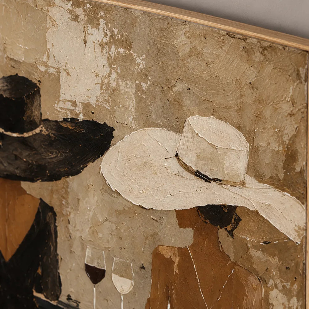Beige Black Hand-Painted Oil Painting, Two Women in Black and Ivory Dresses #RDT3ONMB