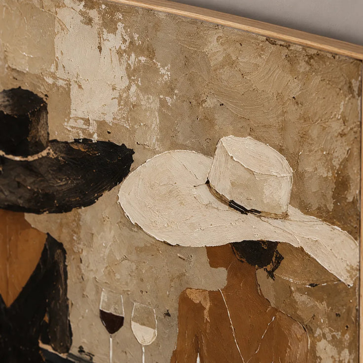 Beige Black Hand-Painted Oil Painting, Two Women in Black and Ivory Dresses #RDT3ONMB