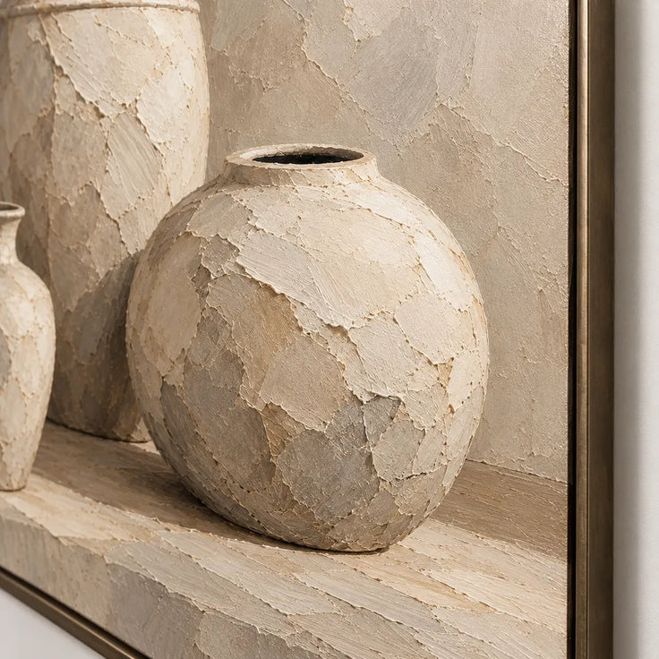 Cream Hand-Painted Oil Painting, Three Vessels on a Pale Ledge #SP4VXF23