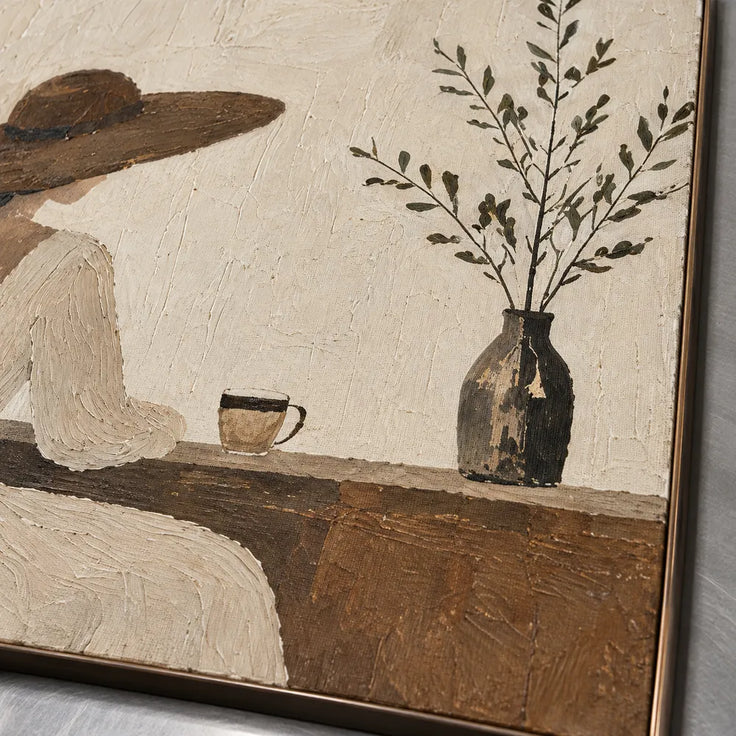 Beige & Brown Hand-Painted Oil Painting, Woman in a Wide-Brim Hat at a Cafe Table #P7VVP4SC