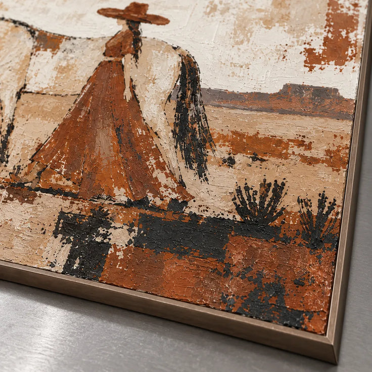 Cream & Rust Hand-Painted Oil Painting, Two Women Walking with a Horse #AROTNDU1