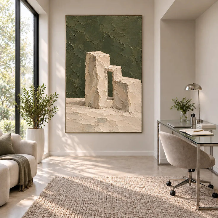 Olive Green Hand-Painted Painting, Cream Stepped Architecture #0MCLXG8H