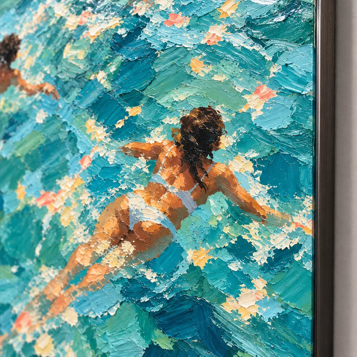 Turquoise Hand-Painted Oil Painting, Three Swimmers Viewed from Above #NL63J63Q
