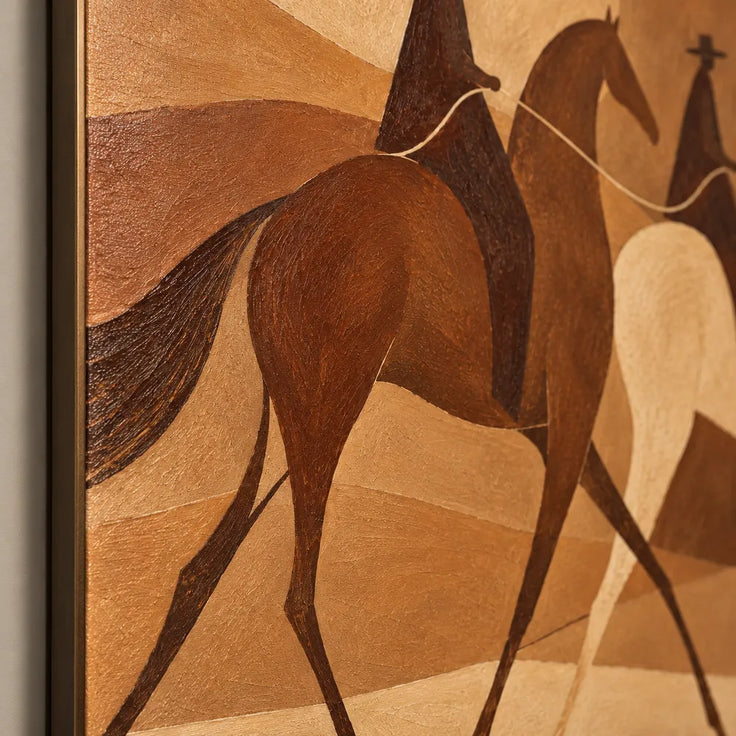 Brown Hand-Painted Oil Painting, Two Riders Beneath a Golden Sun #M7HL0PQE