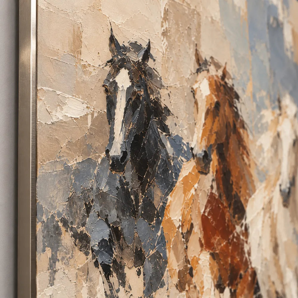 Cream and Slate Blue Hand-Painted Oil Painting, Five Running Horses #63S5E3ZM