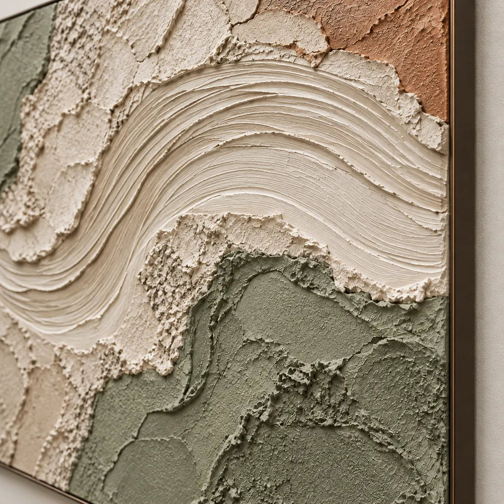 Beige & Sage Hand-Painted 3D Textured Oil Painting, Curved Ribbon Abstract Wall Art #6BLZCD7P