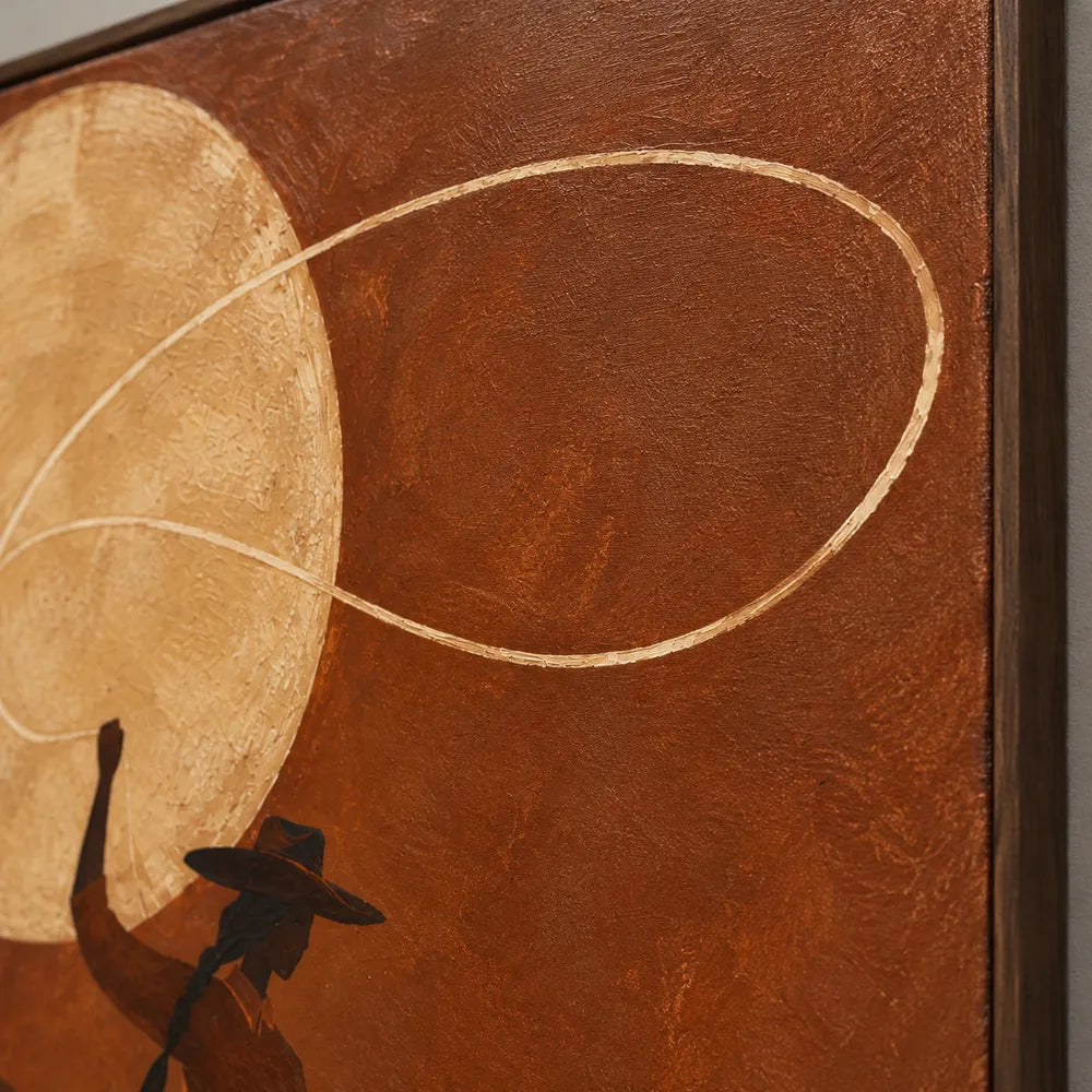 Brown Hand-Painted Oil Painting, Lasso Rider on a Cream Horse #6FDNCBOV