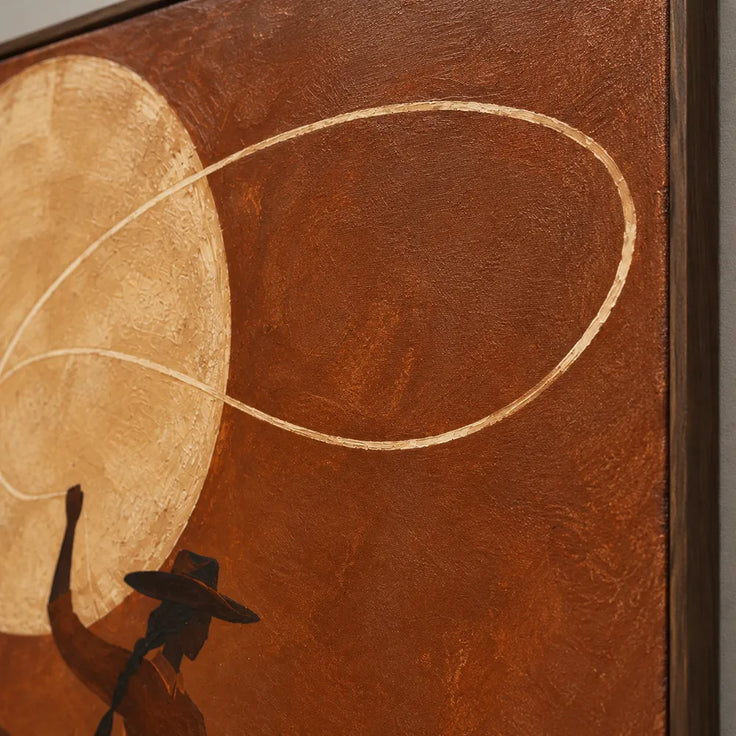 Brown Hand-Painted Oil Painting, Lasso Rider on a Cream Horse #6FDNCBOV