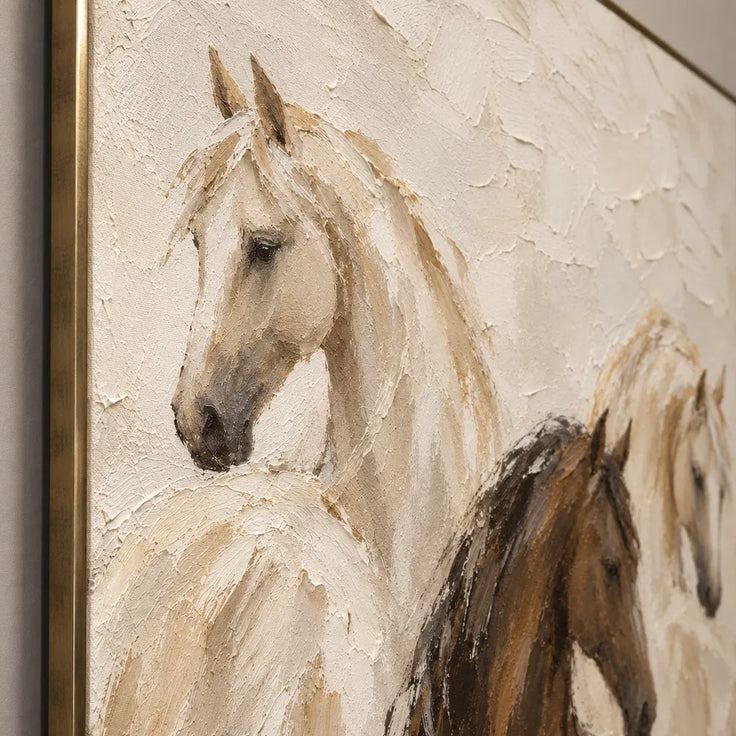 Cream and Brown Hand-Painted Oil Painting, Three Horses #FLZV73BL