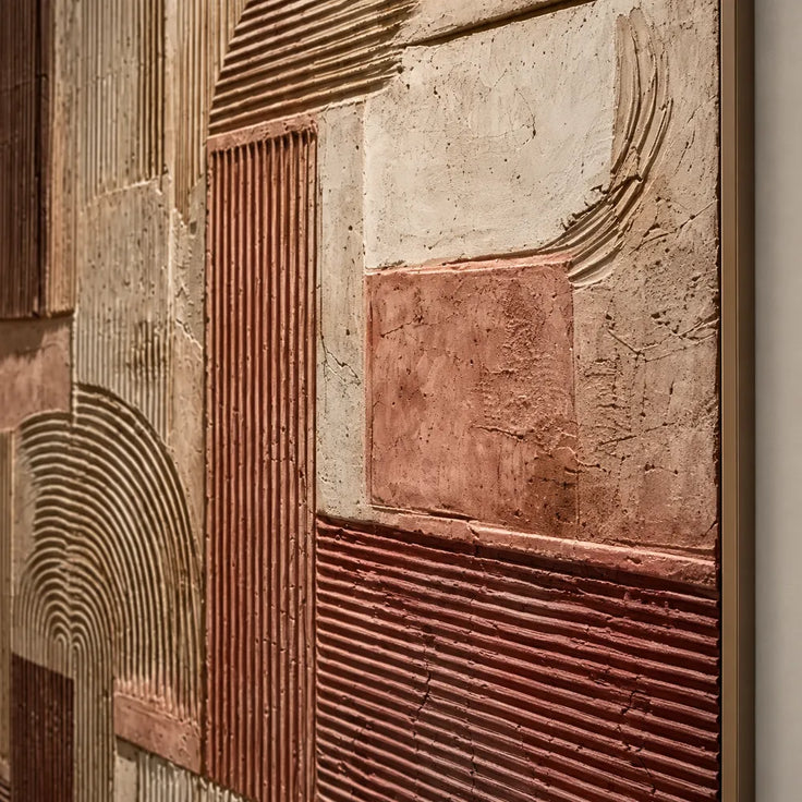 Brown and Beige Hand-Painted Oil Painting, Geometric Arches and Linear Blocks #SOT3Y088