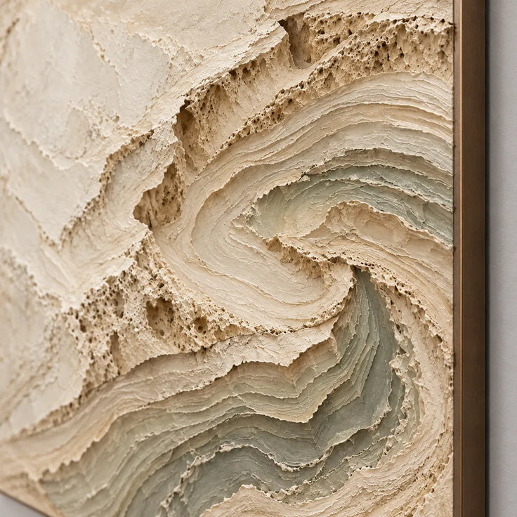 Cream and Sage Hand-Painted 3D Textured Oil Painting, Curling Contour Relief #C9QZSV3G