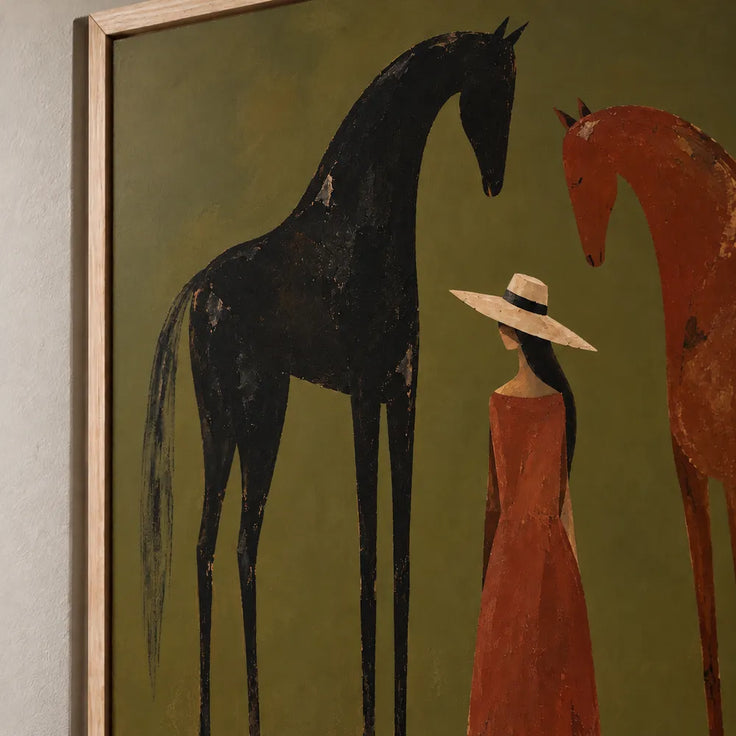 Olive & Rust Hand-Painted Oil Painting, Woman and Horses with Crescent Moon #HO11S3B9
