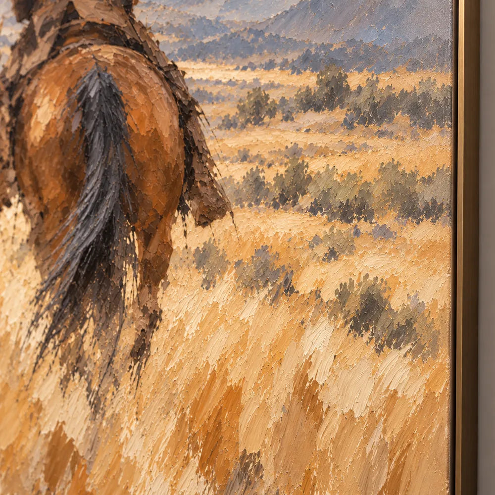Sand and Blue Gray Hand-Painted Oil Painting, Riders Facing the Mountains #3TULKAQH