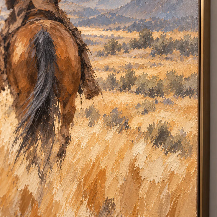 Sand and Blue Gray Hand-Painted Oil Painting, Riders Facing the Mountains #3TULKAQH