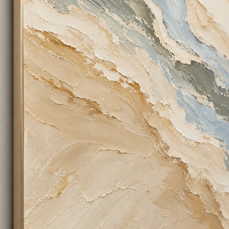 Beige Hand-Painted Oil Painting, Blue-Gray Bands in a Vertical Abstract #4AQDKY69