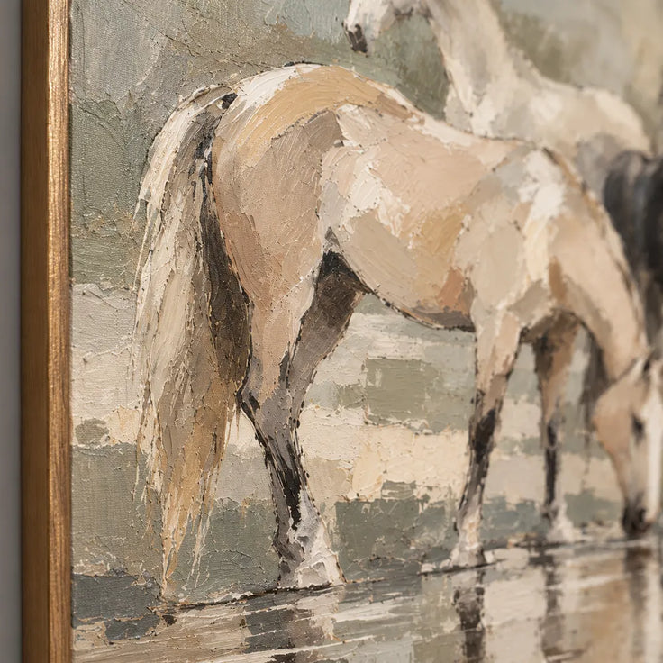 Hand-Painted Oil Painting, Four Horses at the Water in Soft Earth Tones #VUCHU1Y7