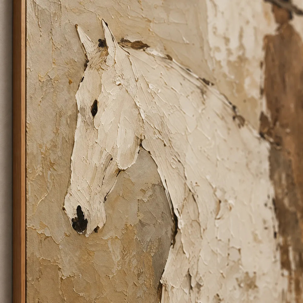 Beige and Cream Hand-Painted Oil Painting, White Horse and Brown-Clad Rider #1YZD0V5I