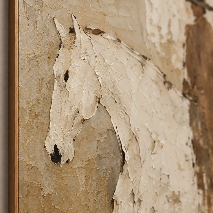 Beige and Cream Hand-Painted Oil Painting, White Horse and Brown-Clad Rider #1YZD0V5I