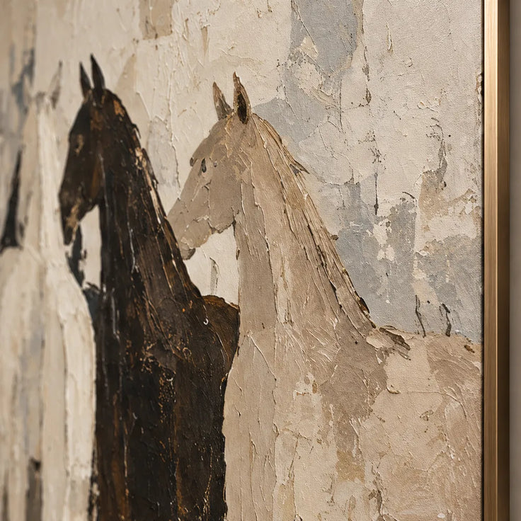 Cream and Brown Hand-Painted Oil Painting, Four Overlapping Horses #8B5N34SV