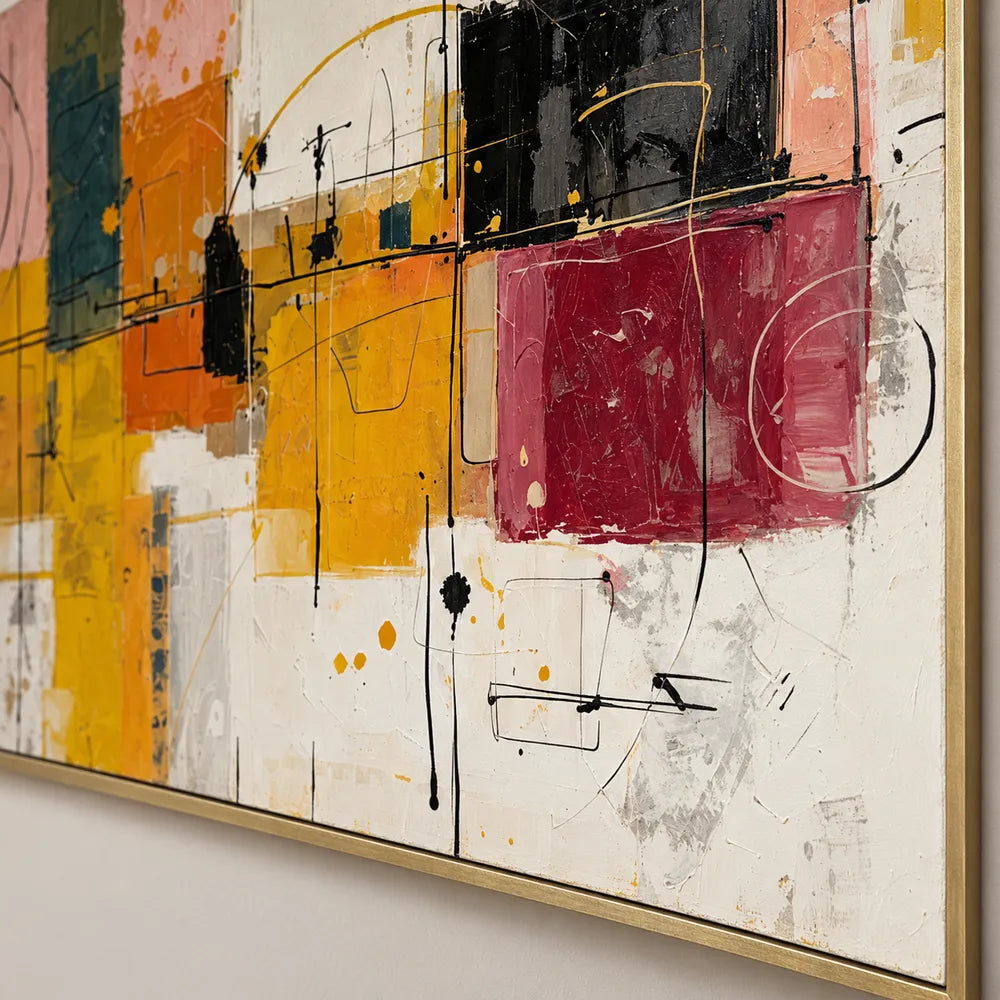Mustard and Burgundy Hand-Painted Oil Painting, Geometric Abstract #LV534W2B
