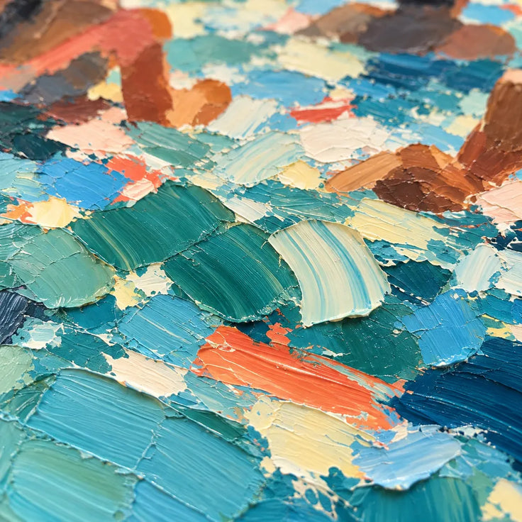 Turquoise Blue Hand-Painted Oil Painting, Seven Swimmers in Sunlit Water #2RV5N5Z4