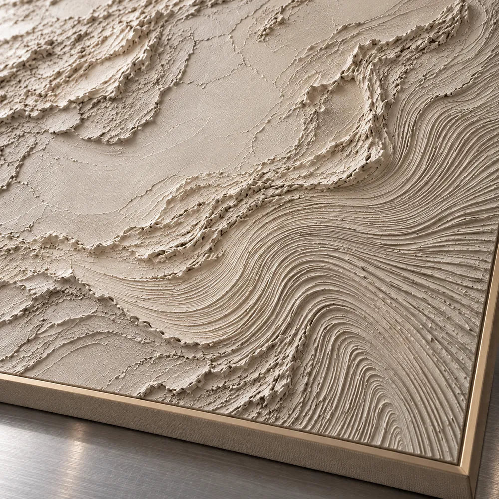 Beige Hand-Painted 3D Textured Oil Painting, Rough Layers and Combed Curves Abstract #IK9DA1WL
