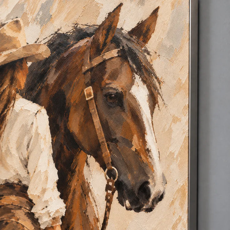 Brown and Cream Hand-Painted Oil Painting, Cowgirl Beside a Horse #JD6LI4AH